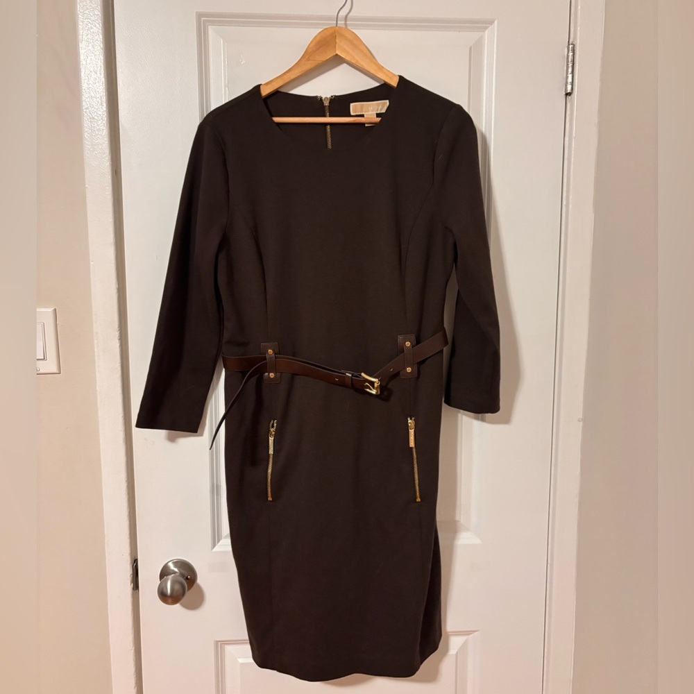 Michael Kors Brown Long Sleeve Dress with Gold Accents